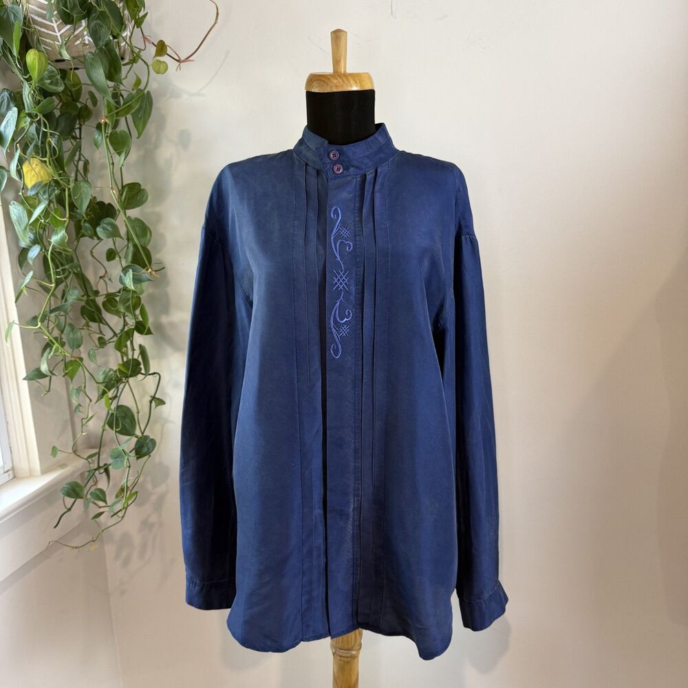 Vintage Sand Washed Silk Embroidered Pleated Blouse, Mandarin Mockneck Collar